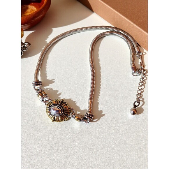 Vintage Silver & Gold Tone Snake Chain Necklace – Sunburst Medallion – 9” Drop - Picture 3 of 3